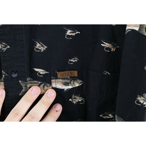 Vintage 90s Chaps Ralph Lauren Mens Large Fish All Over Print Button Shirt Black - Picture 5 of 9